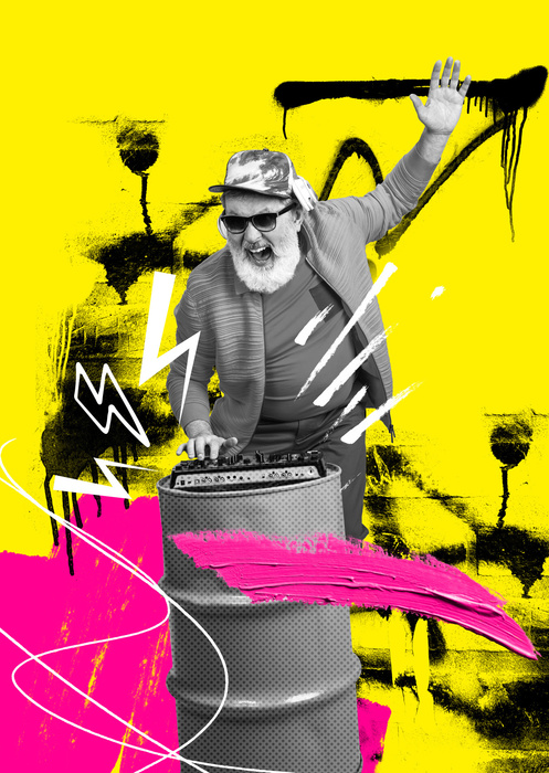 Poster Dj Im Großstadtdschungel – Bunte Collage Rahmen Aluminium Farbe Schwarz – Bild 4