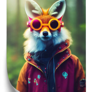 Poster Portrait Of A Fox Wearing A Cyberpunk Headset, Neon Virtual Glasses, And Cyberpunk Gear. High-Tech Fox. The Concept Of Virtual Reality And Cyberpunk. 3D Rendering.