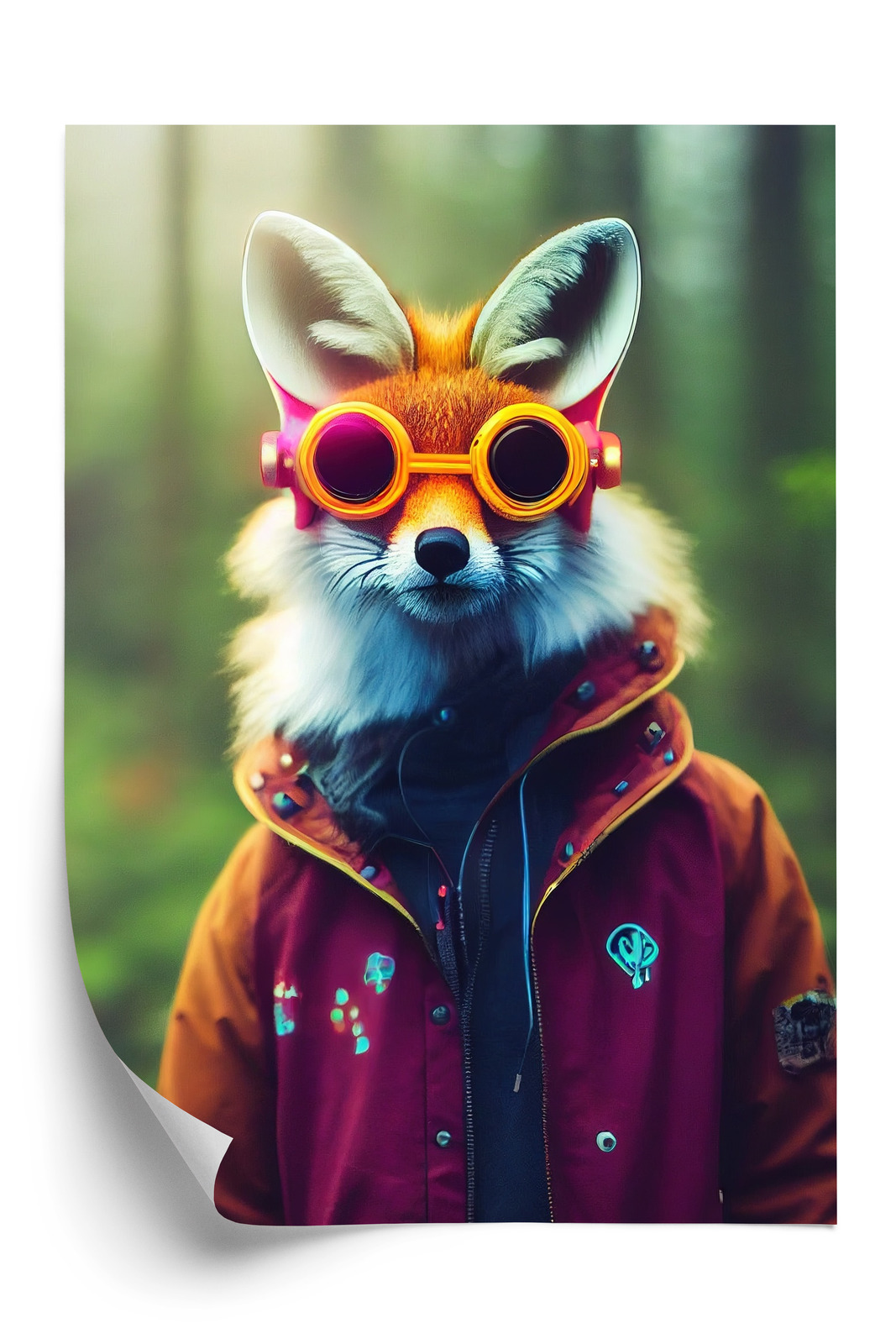 Poster Portrait Of A Fox Wearing A Cyberpunk Headset, Neon Virtual Glasses, And Cyberpunk Gear. High-Tech Fox. The Concept Of Virtual Reality And Cyberpunk. 3D Rendering.