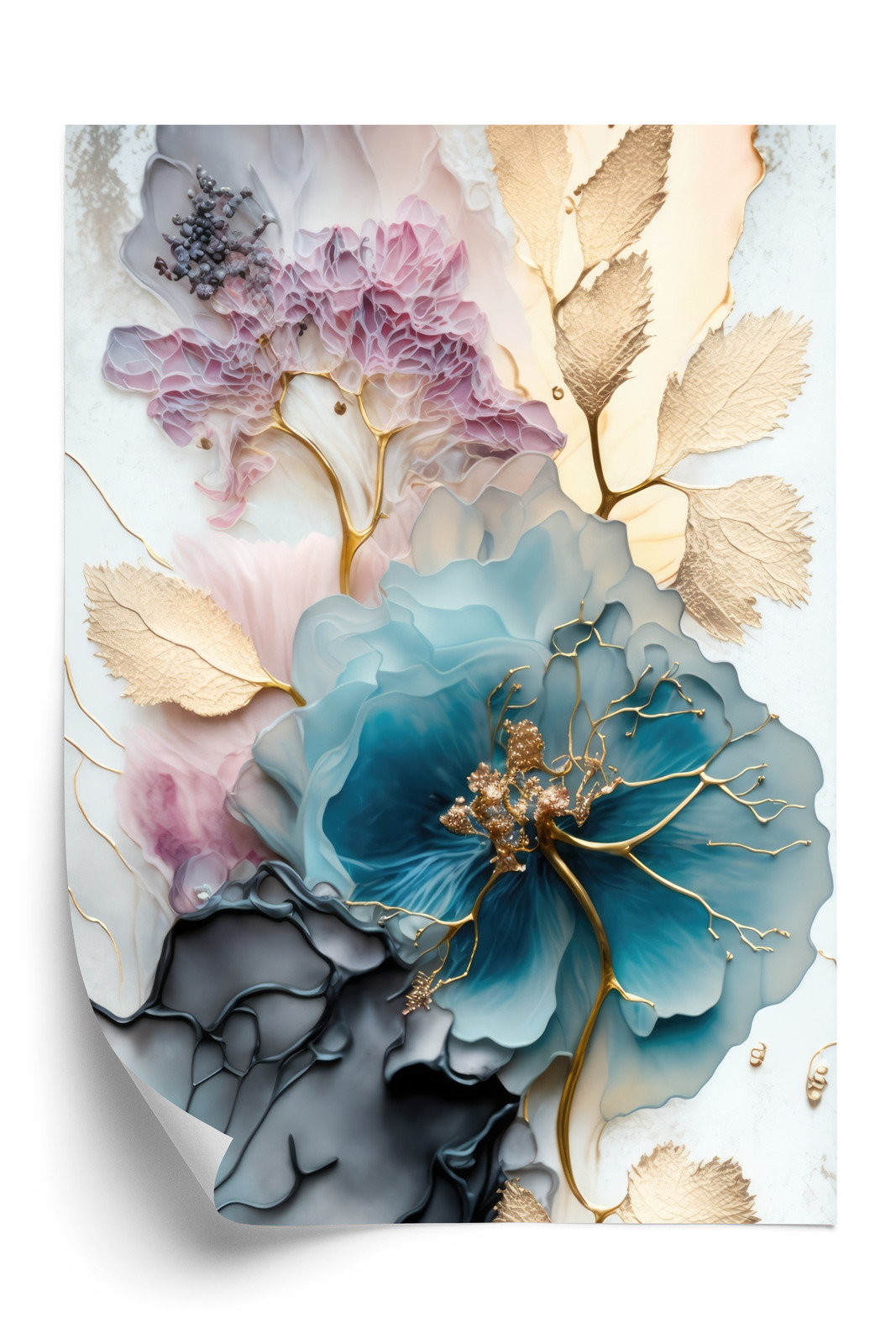 Poster Abstraktion Der Goldenen Blätter Der Blauen Blume Rahmen Holz Mit Passepartout Farbe Natürlich – Bild 3