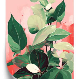 Poster Bemalte Grüne Pflanzenblätter Auf Rosa Hintergrund