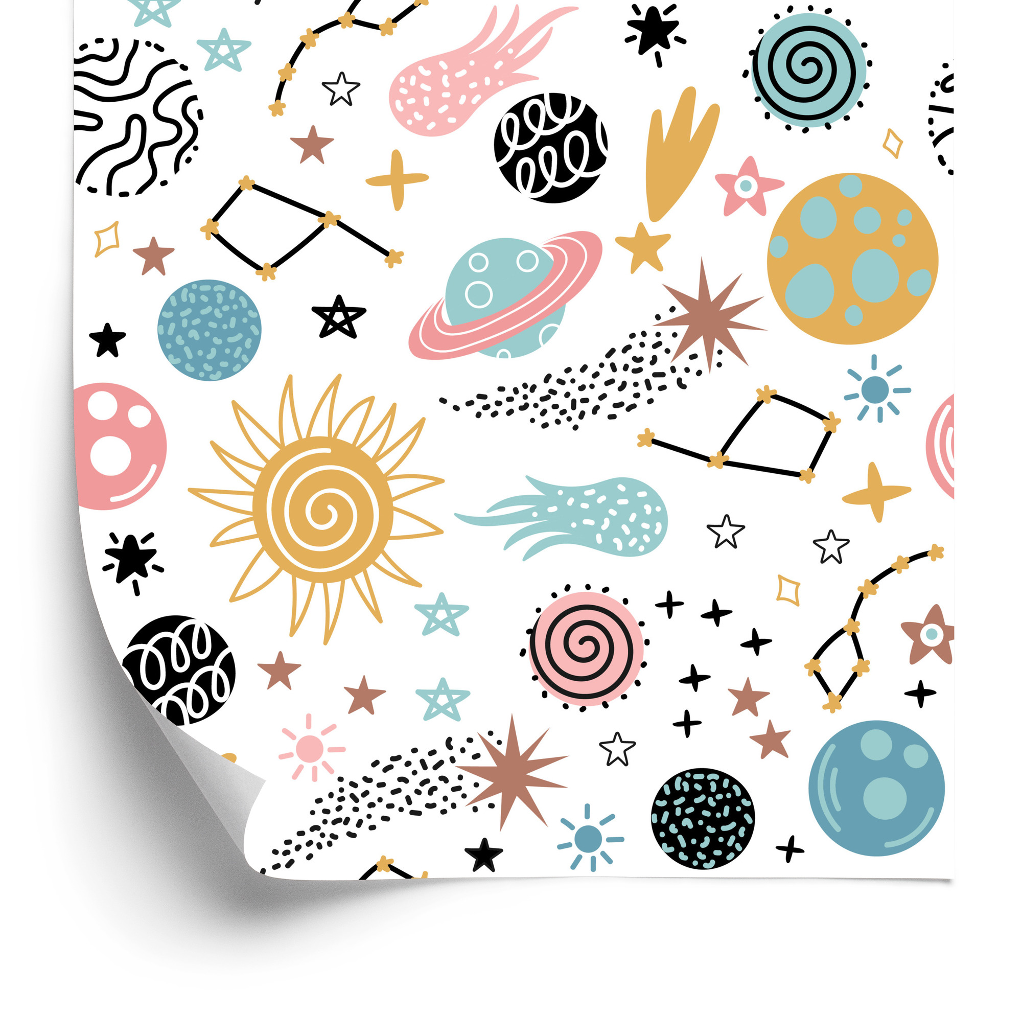 Tapete Für Kinder - Bunte Sterne Und Planeten Im Skandinavischen Stil