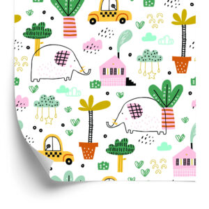 Tapete Für Kinder - Elefanten, Autos Und Häuser Im Skandinavischen Stil