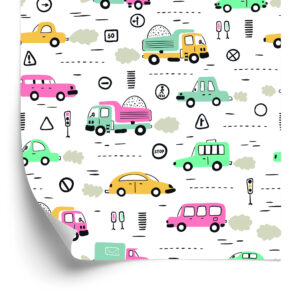 Tapete Für Kinder - Bunte Autos Im Skandinavischen Stil