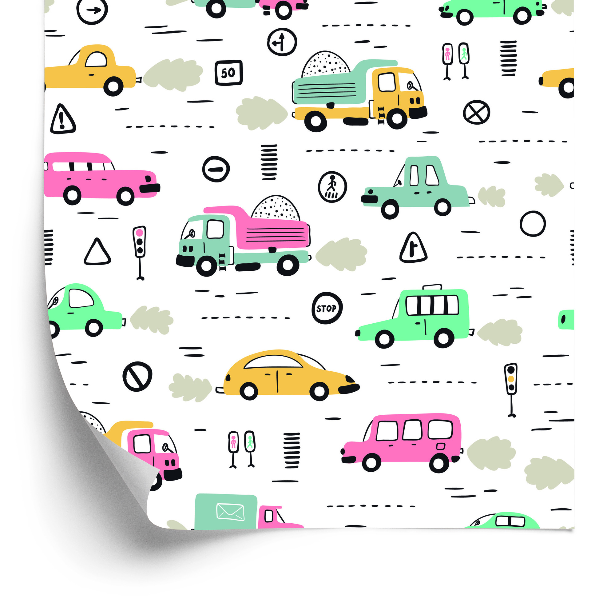 Tapete Für Kinder - Bunte Autos Im Skandinavischen Stil