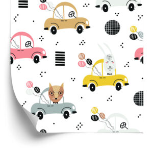 Tapete Für Kinder - Bunte Autos Und Fröhliche Waldtiere