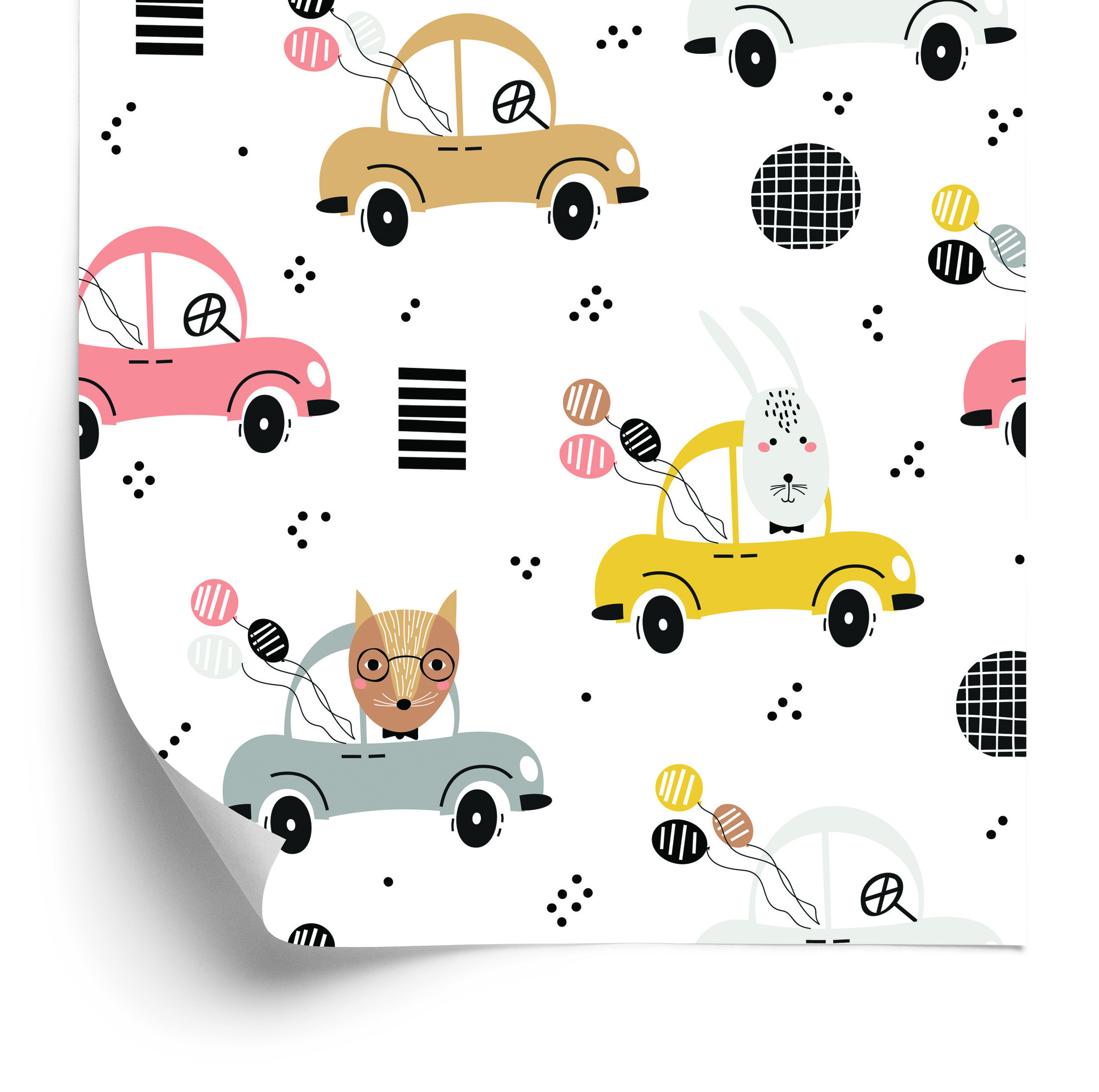 Tapete Für Kinder - Bunte Autos Und Fröhliche Waldtiere