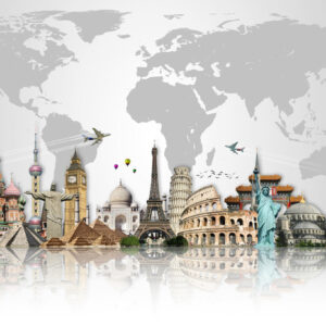 Leinwandbild Berühmte Gebäude Im Hintergrund Der Weltkarte