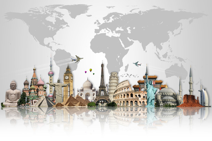 Leinwandbild Berühmte Gebäude Im Hintergrund Der Weltkarte