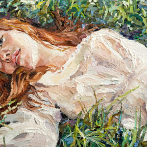 Leinwandbild .A Red-Haired Beauty, A Young Girl Lies And Dreams On The Field Among Various Summer Grasses And Wildflowers. Oil Painting On Canvas.