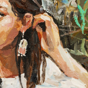 Leinwandbild A Young Girl Is Sitting In An Ethnic White Dress. The Background Depicts An Autumn Field With Flowers And Herbs. Oil Painting On Canvas.