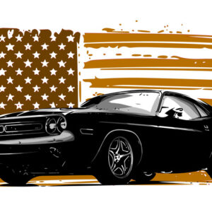 Leinwandbild Ein Amerikanisches Muscle-Car Vor Einer Beigen Us-Flagge