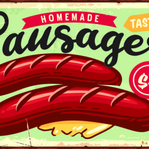 Leinwandbild Würste Und Vintage-Schriftzug