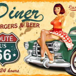 Leinwandbild Frau Auf Der Motorhaube Eines Oldtimers