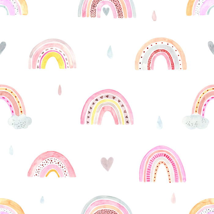 Tapete Für Kinder Pastellregenbogenwolken 3D-Herzen